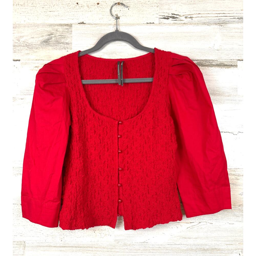Anthropologie Womens XS Red Smocked Square Neck Button Front Blouse Lightweight